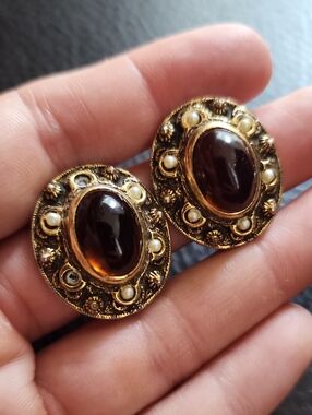 Vintage Benedikt Gold Tone Clip Earrings and Pearl Accents